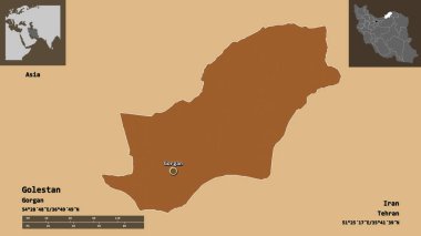 Golestan 'ın şekli, İran eyaleti ve başkenti. Uzaklık ölçeği, ön gösterimler ve etiketler. Desenli dokuların bileşimi. 3B görüntüleme