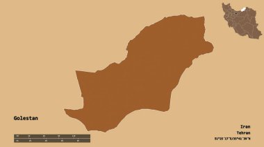 İran 'ın Golestan eyaleti, başkenti sağlam bir zemin üzerinde izole edilmiştir. Uzaklık ölçeği, bölge önizlemesi ve etiketleri. Desenli dokuların bileşimi. 3B görüntüleme