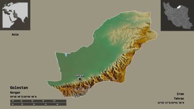 Golestan 'ın şekli, İran eyaleti ve başkenti. Uzaklık ölçeği, ön gösterimler ve etiketler. Topografik yardım haritası. 3B görüntüleme