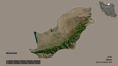 İran 'ın Golestan eyaleti, başkenti sağlam bir zemin üzerinde izole edilmiştir. Uzaklık ölçeği, bölge önizlemesi ve etiketleri. Uydu görüntüleri. 3B görüntüleme