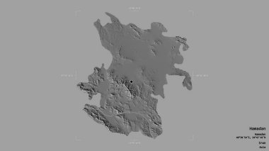 Hamadan bölgesi, İran eyaleti, jeoreferatlı bir sınır kutusunda sağlam bir arka planda izole edilmiş. Etiketler. Çift seviyeli yükseklik haritası. 3B görüntüleme