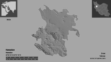 Hamazan 'ın şekli, İran eyaleti ve başkenti. Uzaklık ölçeği, ön gösterimler ve etiketler. Çift seviyeli yükseklik haritası. 3B görüntüleme