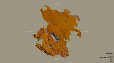 Hamadan bölgesi, İran eyaleti, jeoreferatlı bir sınır kutusunda sağlam bir arka planda izole edilmiş. Etiketler. Topografik yardım haritası. 3B görüntüleme