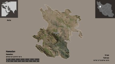 Hamazan 'ın şekli, İran eyaleti ve başkenti. Uzaklık ölçeği, ön gösterimler ve etiketler. Uydu görüntüleri. 3B görüntüleme