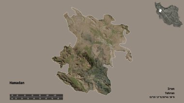 Başkenti sağlam arka planda izole edilmiş olan Hamazan eyaleti. Uzaklık ölçeği, bölge önizlemesi ve etiketleri. Uydu görüntüleri. 3B görüntüleme