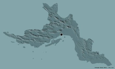 Hormozgan 'ın şekli, İran eyaleti, başkenti katı bir renk arkaplanı ile izole edilmiş. Renkli yükseklik haritası. 3B görüntüleme