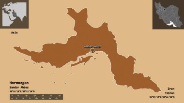 Hormozgan 'ın şekli, İran eyaleti ve başkenti. Uzaklık ölçeği, ön gösterimler ve etiketler. Desenli dokuların bileşimi. 3B görüntüleme