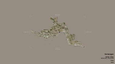 Hormozgan bölgesi, İran eyaleti, jeoreferatlı bir sınır kutusunda sağlam bir arka planda izole edilmiş. Etiketler. Uydu görüntüleri. 3B görüntüleme
