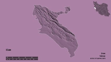 İran 'ın Ilam eyaleti, başkenti sağlam bir zemin üzerinde izole edilmiştir. Uzaklık ölçeği, bölge önizlemesi ve etiketleri. Renkli yükseklik haritası. 3B görüntüleme