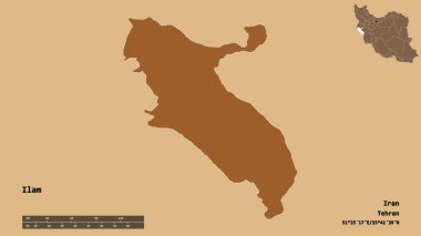 İran 'ın Ilam eyaleti, başkenti sağlam bir zemin üzerinde izole edilmiştir. Uzaklık ölçeği, bölge önizlemesi ve etiketleri. Desenli dokuların bileşimi. 3B görüntüleme