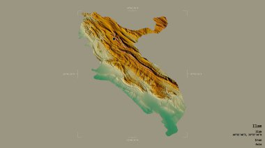 İlam bölgesi, İran eyaleti, jeoreferatlı bir sınır kutusunda sağlam bir arka planda izole edilmiş. Etiketler. Topografik yardım haritası. 3B görüntüleme