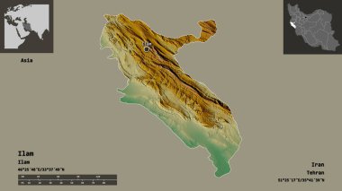 İlam 'ın şekli, İran eyaleti ve başkenti. Uzaklık ölçeği, ön gösterimler ve etiketler. Topografik yardım haritası. 3B görüntüleme
