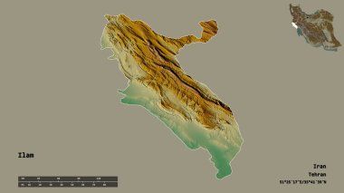 İran 'ın Ilam eyaleti, başkenti sağlam bir zemin üzerinde izole edilmiştir. Uzaklık ölçeği, bölge önizlemesi ve etiketleri. Topografik yardım haritası. 3B görüntüleme