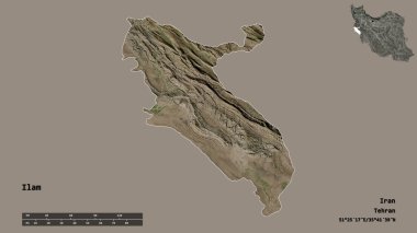 İran 'ın Ilam eyaleti, başkenti sağlam bir zemin üzerinde izole edilmiştir. Uzaklık ölçeği, bölge önizlemesi ve etiketleri. Uydu görüntüleri. 3B görüntüleme