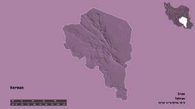 Kerman 'ın şekli, İran eyaleti, sermayesi sağlam arka planda izole edilmiş. Uzaklık ölçeği, bölge önizlemesi ve etiketleri. Renkli yükseklik haritası. 3B görüntüleme