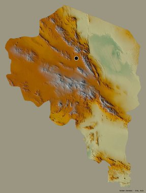 Kerman 'ın şekli, İran eyaleti, başkenti katı bir renk arkaplanı ile izole edilmiş. Topografik yardım haritası. 3B görüntüleme