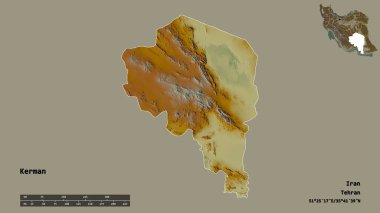 Kerman 'ın şekli, İran eyaleti, sermayesi sağlam arka planda izole edilmiş. Uzaklık ölçeği, bölge önizlemesi ve etiketleri. Topografik yardım haritası. 3B görüntüleme