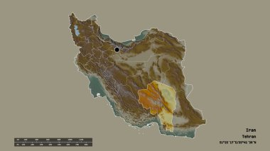 Başkenti, ana bölgesel bölümü ve ayrılan Kerman bölgesi ile İran 'ın dejenere edilmiş şekli. Etiketler. Topografik yardım haritası. 3B görüntüleme