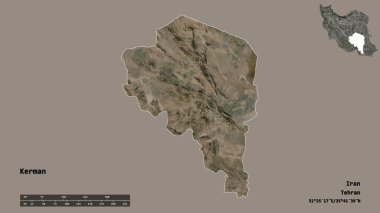 Kerman 'ın şekli, İran eyaleti, sermayesi sağlam arka planda izole edilmiş. Uzaklık ölçeği, bölge önizlemesi ve etiketleri. Uydu görüntüleri. 3B görüntüleme