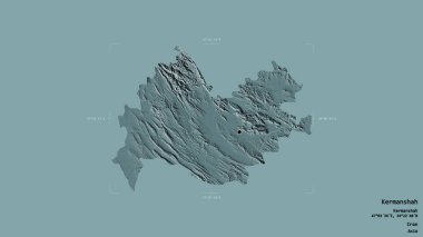 İran 'ın Kermanşah bölgesinde katı bir arka planda izole edilmiş bir sınır kutusu var. Etiketler. Renkli yükseklik haritası. 3B görüntüleme