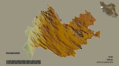 İran 'ın Kermanşah şehri, başkenti sağlam bir zemin üzerinde izole edilmiştir. Uzaklık ölçeği, bölge önizlemesi ve etiketleri. Topografik yardım haritası. 3B görüntüleme