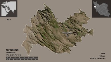 Kermanşah 'ın şekli, İran eyaleti ve başkenti. Uzaklık ölçeği, ön gösterimler ve etiketler. Uydu görüntüleri. 3B görüntüleme