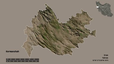 İran 'ın Kermanşah şehri, başkenti sağlam bir zemin üzerinde izole edilmiştir. Uzaklık ölçeği, bölge önizlemesi ve etiketleri. Uydu görüntüleri. 3B görüntüleme