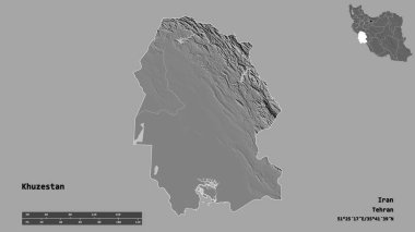 İran 'ın Khuzestan eyaleti, başkenti sağlam bir zemin üzerinde izole edilmiştir. Uzaklık ölçeği, bölge önizlemesi ve etiketleri. Çift seviyeli yükseklik haritası. 3B görüntüleme