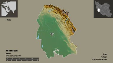 İran Eyaleti ve başkenti Khuzestan 'ın şekli. Uzaklık ölçeği, ön gösterimler ve etiketler. Topografik yardım haritası. 3B görüntüleme