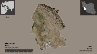 İran Eyaleti ve başkenti Khuzestan 'ın şekli. Uzaklık ölçeği, ön gösterimler ve etiketler. Uydu görüntüleri. 3B görüntüleme