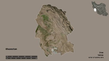 İran 'ın Khuzestan eyaleti, başkenti sağlam bir zemin üzerinde izole edilmiştir. Uzaklık ölçeği, bölge önizlemesi ve etiketleri. Uydu görüntüleri. 3B görüntüleme