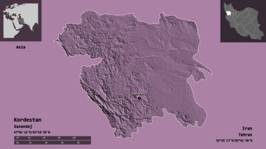 Kordestan 'ın şekli, İran eyaleti ve başkenti. Uzaklık ölçeği, ön gösterimler ve etiketler. Renkli yükseklik haritası. 3B görüntüleme