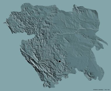 Kordestan 'ın şekli, İran eyaleti, başkenti katı bir renk arkaplanı ile izole edilmiştir. Renkli yükseklik haritası. 3B görüntüleme