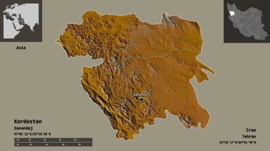 Kordestan 'ın şekli, İran eyaleti ve başkenti. Uzaklık ölçeği, ön gösterimler ve etiketler. Topografik yardım haritası. 3B görüntüleme