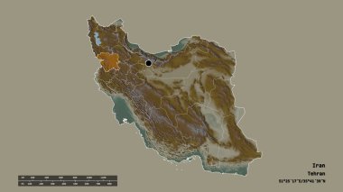 Başkenti, ana bölgesel bölünmesi ve ayrılmış Kordestan bölgesi ile İran 'ın dejenere edilmiş şekli. Etiketler. Topografik yardım haritası. 3B görüntüleme