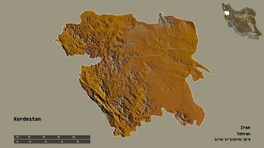 Kordestan 'ın şekli, İran eyaleti, başkenti sağlam bir zemin üzerinde izole edilmiş. Uzaklık ölçeği, bölge önizlemesi ve etiketleri. Topografik yardım haritası. 3B görüntüleme