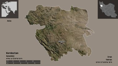 Kordestan 'ın şekli, İran eyaleti ve başkenti. Uzaklık ölçeği, ön gösterimler ve etiketler. Uydu görüntüleri. 3B görüntüleme