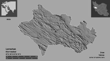 Lorestan şekli, İran eyaleti ve başkenti. Uzaklık ölçeği, ön gösterimler ve etiketler. Çift seviyeli yükseklik haritası. 3B görüntüleme