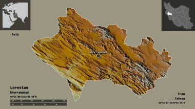 Lorestan şekli, İran eyaleti ve başkenti. Uzaklık ölçeği, ön gösterimler ve etiketler. Topografik yardım haritası. 3B görüntüleme