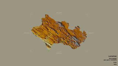 Lorestan bölgesi, İran eyaleti, jeoreferatlı bir sınır kutusunda sağlam bir arka planda izole edilmiş. Etiketler. Topografik yardım haritası. 3B görüntüleme