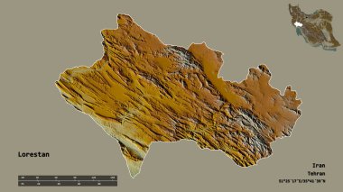 Lorestan şekli, İran eyaleti, sermayesi sağlam arka planda izole edilmiş. Uzaklık ölçeği, bölge önizlemesi ve etiketleri. Topografik yardım haritası. 3B görüntüleme