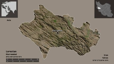 Lorestan şekli, İran eyaleti ve başkenti. Uzaklık ölçeği, ön gösterimler ve etiketler. Uydu görüntüleri. 3B görüntüleme