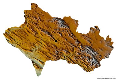 Beyaz arka planda başkenti izole edilmiş, İran Eyaleti 'nin Lorestan şekli. Topografik yardım haritası. 3B görüntüleme