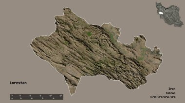 Lorestan şekli, İran eyaleti, sermayesi sağlam arka planda izole edilmiş. Uzaklık ölçeği, bölge önizlemesi ve etiketleri. Uydu görüntüleri. 3B görüntüleme