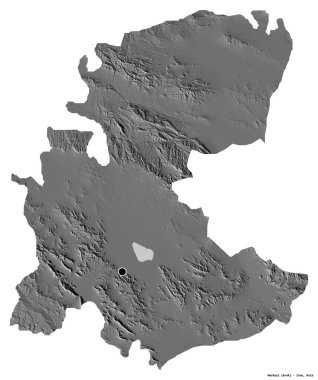 İran 'ın başkenti Markazi' nin beyaz arka planda izole edilmiş hali. Çift seviyeli yükseklik haritası. 3B görüntüleme
