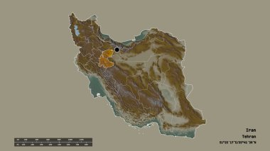 Başkenti, ana bölgesel bölümü ve ayrılmış Markazi bölgesi ile İran 'ın dejenere edilmiş şekli. Etiketler. Topografik yardım haritası. 3B görüntüleme