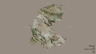Markazi bölgesi, İran eyaleti, jeoreferatlı bir sınır kutusunda sağlam bir arka planda izole edilmiş. Etiketler. Uydu görüntüleri. 3B görüntüleme