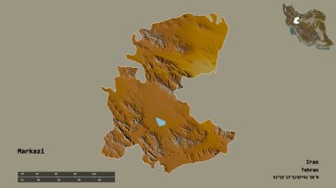 İran 'ın Markazi şehri, başkenti sağlam bir zemin üzerinde izole edilmiştir. Uzaklık ölçeği, bölge önizlemesi ve etiketleri. Topografik yardım haritası. 3B görüntüleme