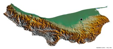 Beyaz arka planda başkenti izole edilmiş Mazandaran, İran eyaleti. Topografik yardım haritası. 3B görüntüleme