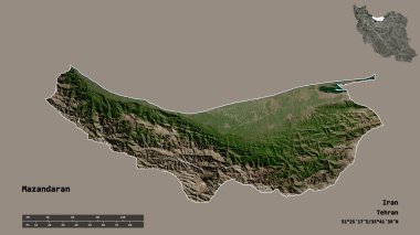 İran 'ın Mazandaran eyaleti, başkenti sağlam bir zemin üzerinde izole edilmiştir. Uzaklık ölçeği, bölge önizlemesi ve etiketleri. Uydu görüntüleri. 3B görüntüleme